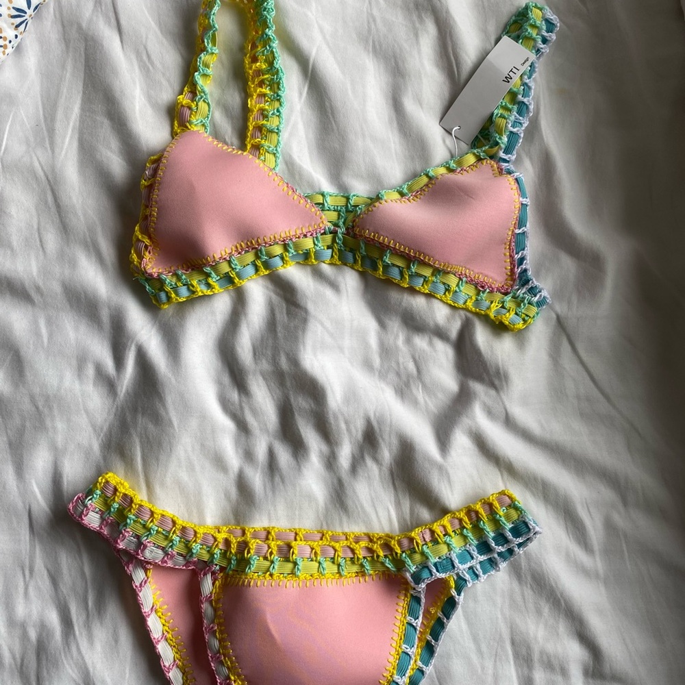 Women’s Crochet Trim Pink Bikini Top & Bottom